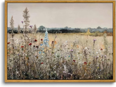 Framed Vintage Wildflowers Landscape Oil Painting for Home Decor