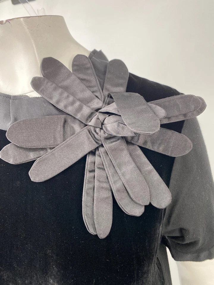 LANVIN Negro Terciopelo Frontal Camiseta Vestido Seda Flor Apliques Cinta Ribete Talla M Foto 4 de 4