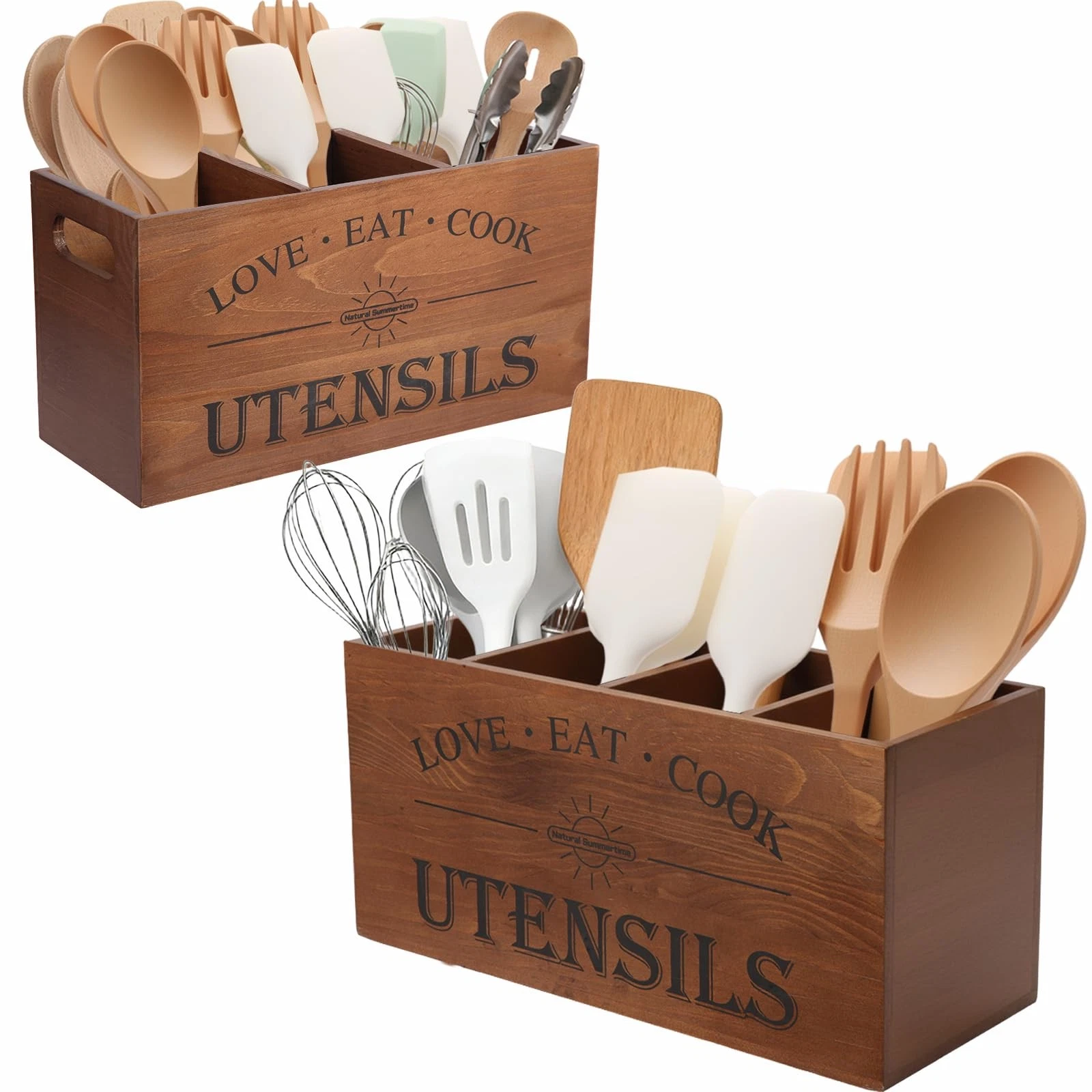 Natural Summertime 2 PC Wooden Utensil Holder,（With 4Compartments size*1 + 3C...