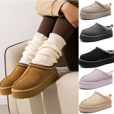 Women Fuzzy Cozy Slippers Genuine Suede Platform Comfort Warm Slippers