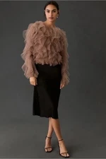 NEW Dolan Left Coast Beige Mesh Ruffle Blouse Neutral W/black Polka Dots Size XL