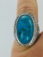 Genuine 10 CT Kingman Turquoise & Natural White Zircon Silver Ring Size 4.75  #4