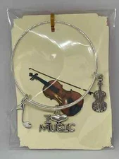 New  Violin Theme Bangle Charm Bracelet Silver Handmade Expandable