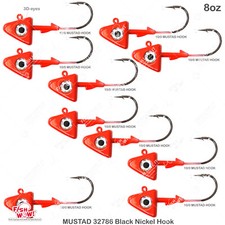 10pcs Fishing 8oz Shad Jig Head 32786 MUSTAD 2x Strong Hook 10/0 RED