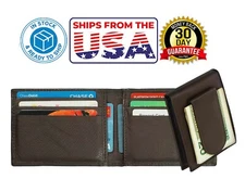 Leather Bifold ID Card Holder Front Pocket Money Clip Men's Wallet Brown