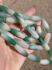 Genuine Agate ~Frosty White & Green Faceted Bicone Beads, 10x31mm, 16" String