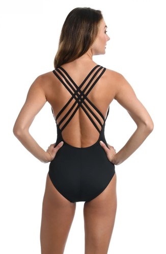 $119 La Blanca Island Goddess Multi Strap Cross Back One Piece Size in Black 4 - Picture 2 of 7