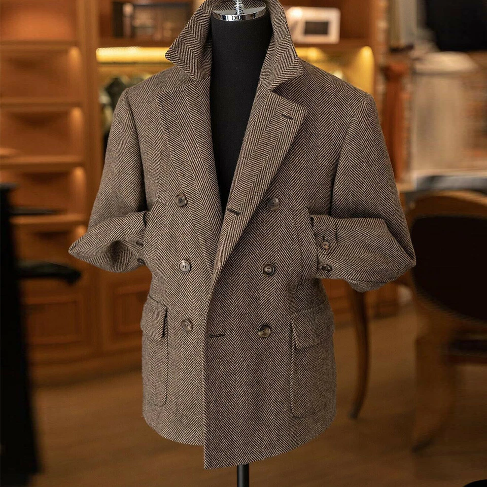 Men's Suit Herringbone British Style Formal Business With Belt Jacket Tweed Coat - Image 3 of 4