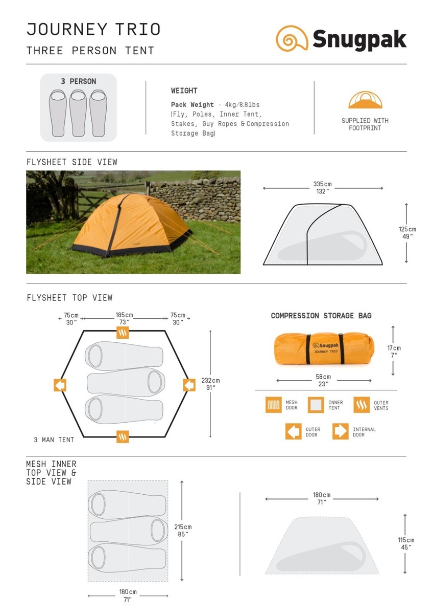 Snugpak Journey Trio Tent 3 Person Sunburst Orange - Camping Snugpak Journey Trio Tent 3 Person Sunburst Orange - Camping