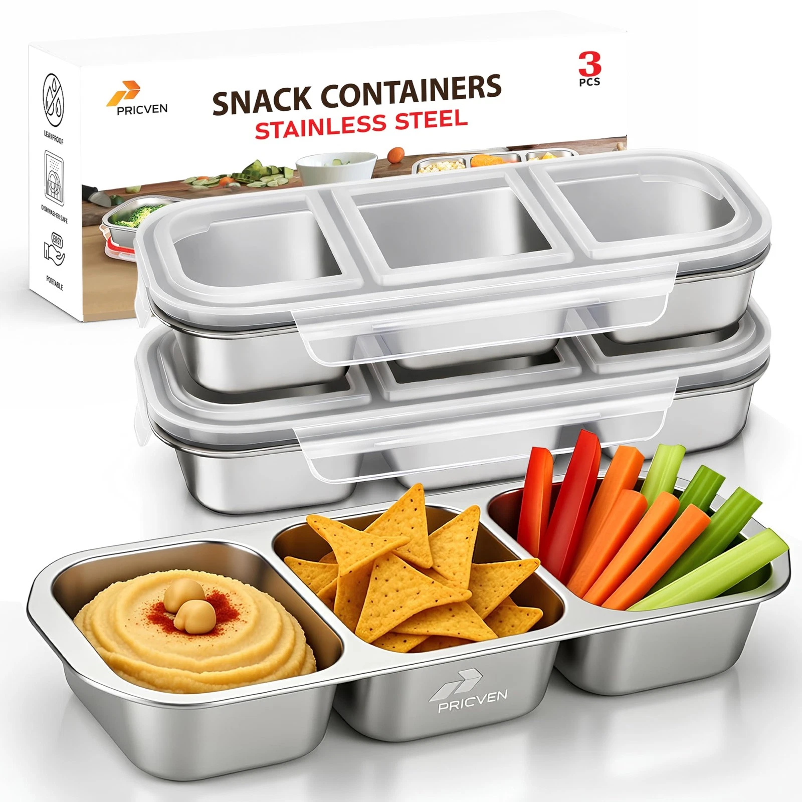 3 PACK Stainless Steel Snack Containers with Lids – 3 Compartment Grab and GO...