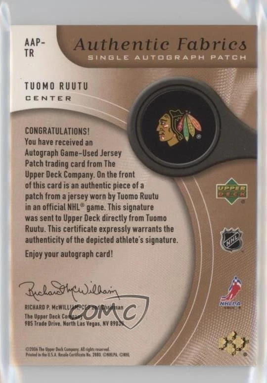 2005 SP Game Used Edition Authentic Fabrics /50 Tuomo Ruutu #AAP-TR Patch Auto - Image 2 of 2
