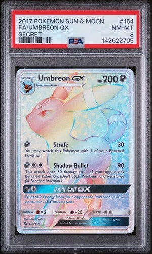 2017 POKEMON SUN & MOON SECRET #154 FULL ART/UMBREON GX PSA 8