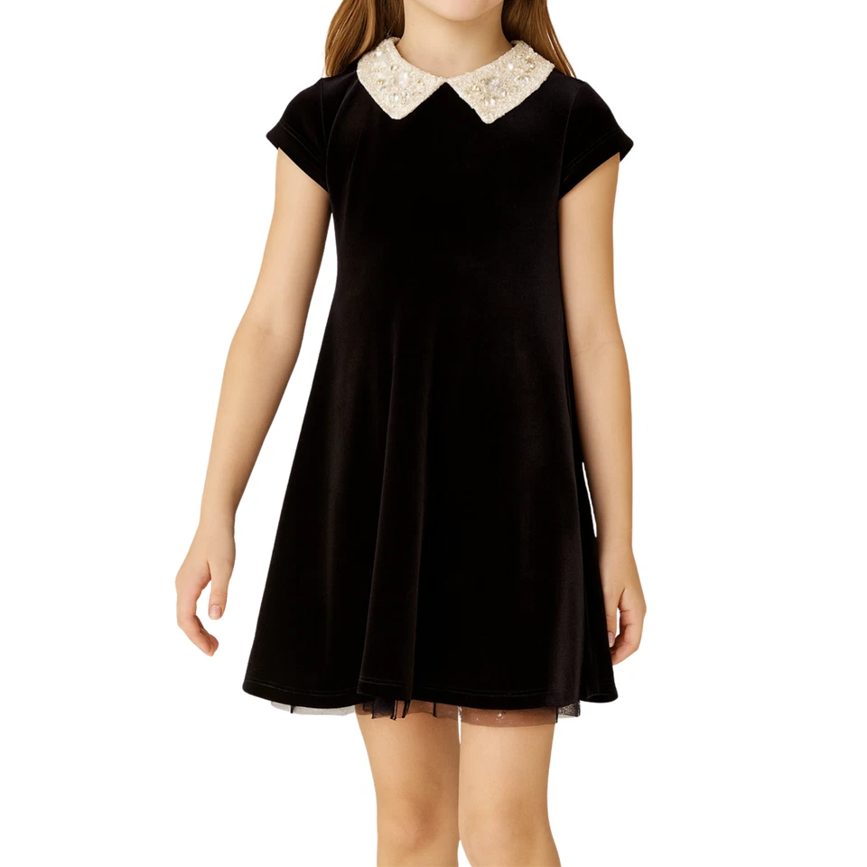 Knit Works Girls 12 Black Velvet Dress Pearl Lace Collar Holiday Christmas Party - Image 3 of 4