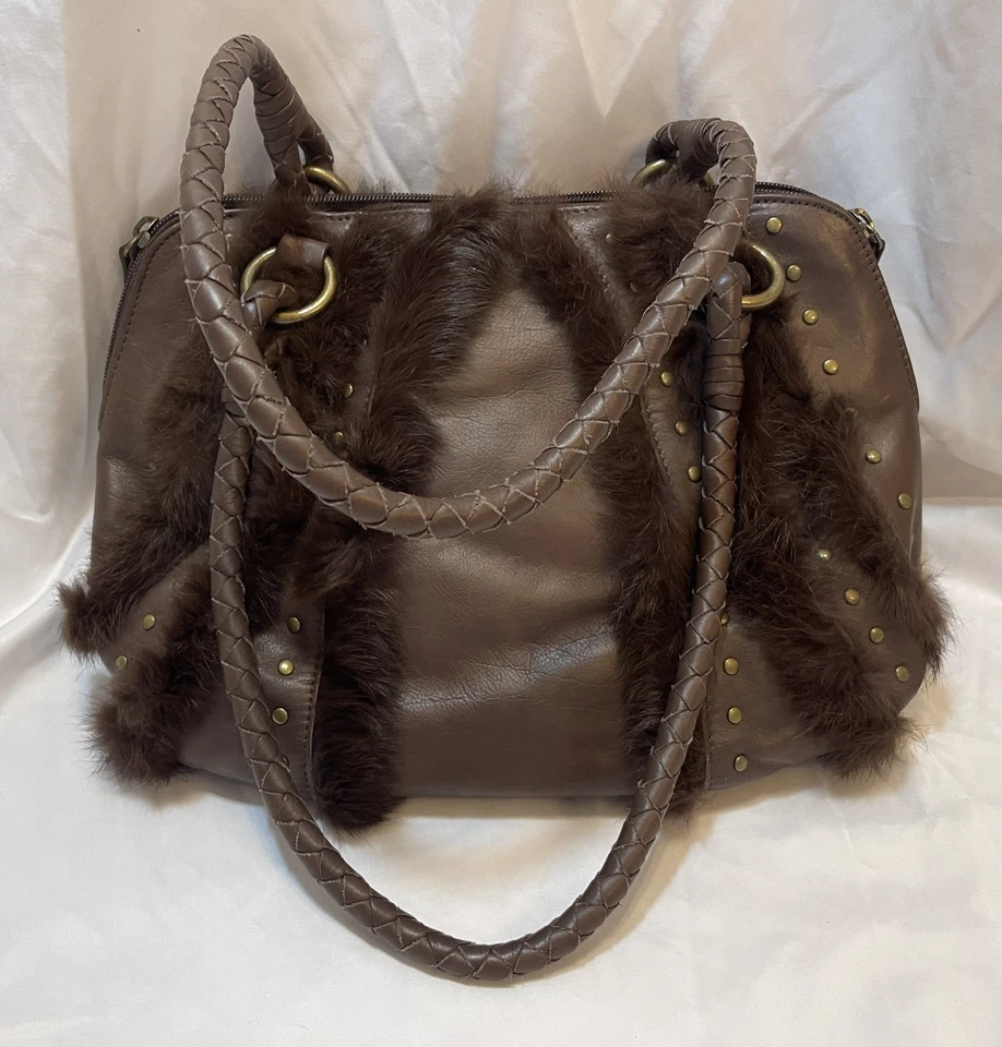 Vtg NEW, 80/90's Brown CAPACCIOLI Italian LEATHER Rabbit Fur, Brass Studs Hobo - Image 2 of 4