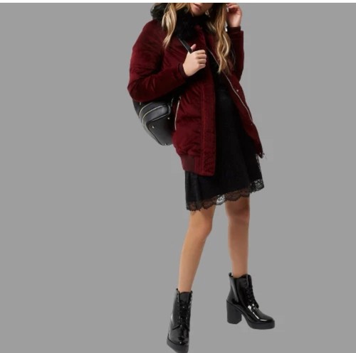 River Island Burgundy Velvet Puffer Coat UK Small LN002 SS 01