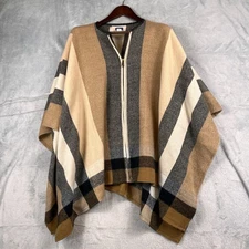 Apt 9 Womens One Size Shawl Poncho Full Zipper Khaki Tan Black Plaid Wrap Cape