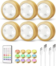 EZVALO Puck Lights with Remote,2000mAh Rechargeable Tap Light,RGB 6 Pcs, Gold 