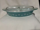 VTG Pyrex Turquoise Blue Snowflake Divided Casserole Dish w/ Clear CHIPPED  LID
