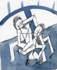 WRESTLERS Original Cubist Expressionist Modernist PAINTING signed LISTED ARTIST