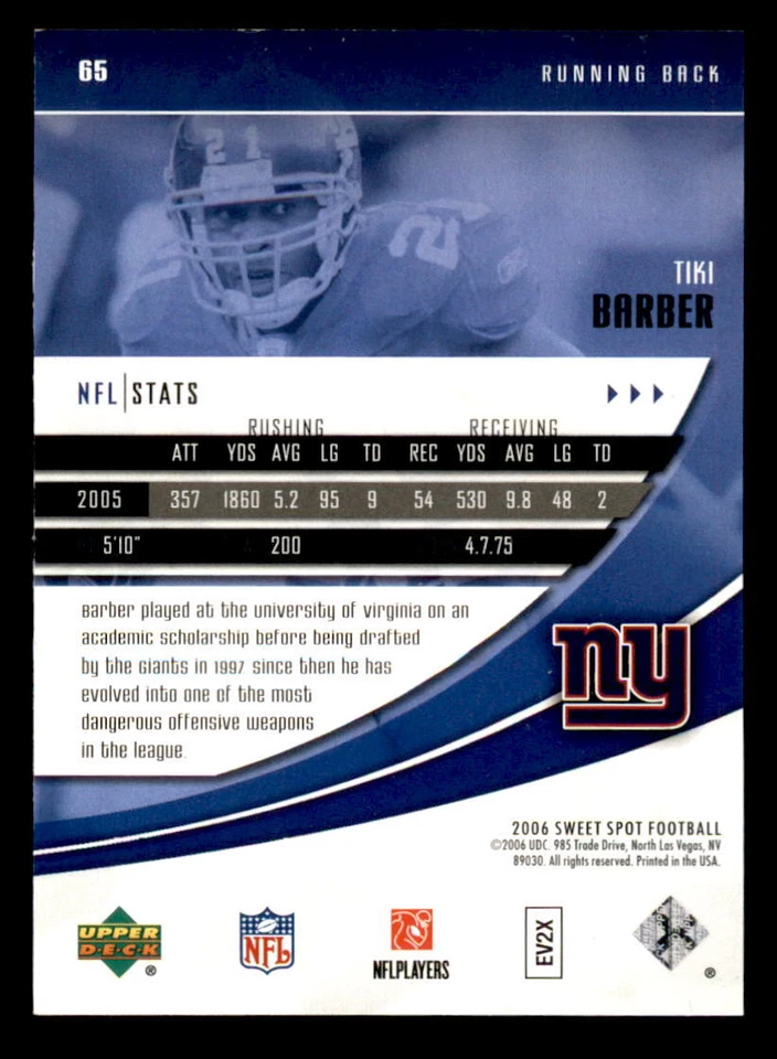 2006 Upper Deck Sweet Spot #65 Tiki Barber New York Giants - Image 2 of 2