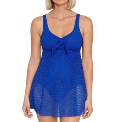 NWT Swim Solutions Tummy Control Crochet Lace One Piece Blue Size 16 retail $119