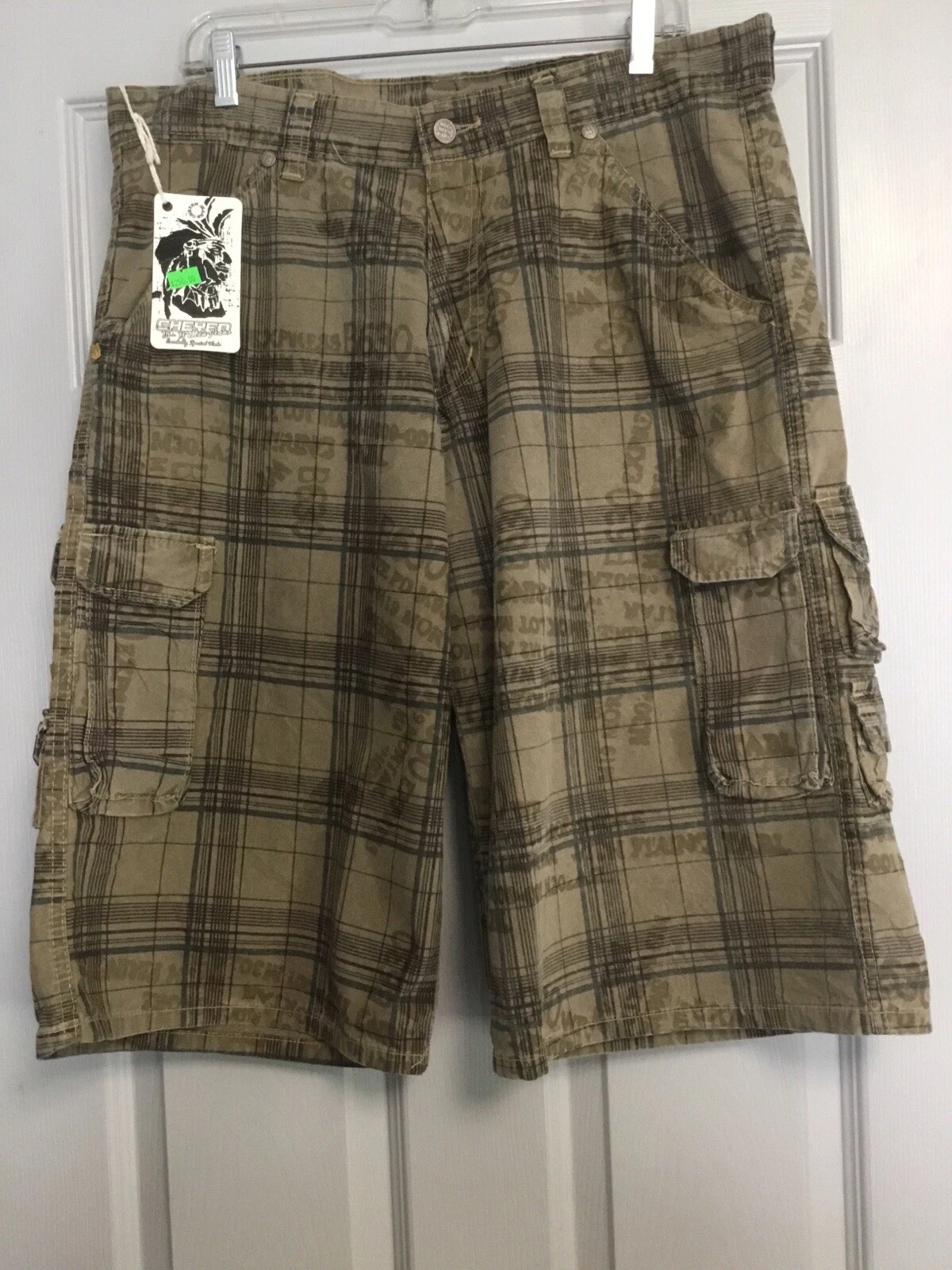 Cheyen Mens Brown Black Plaid Custom Made Cargo Shorts Size 36 NWT Really Nice