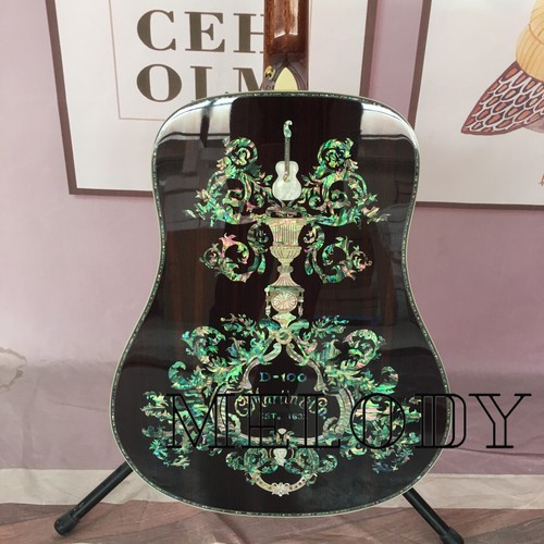 Guitarra acústica de lujo D100 de 6 cuerdas con incrustación de abulón real, abeto sólido, ébano - Imagen 10 de 12