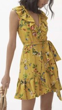 Anthropologie Maeve Yellow Floral-Wrap Mini Dress Size M