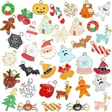 5 Enamel Halloween Charms Gold Pendants Christmas Jewelry Making Mixed Set