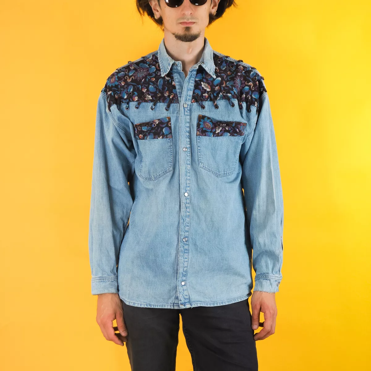 Vintage Western denim shirt Men Blue jeans shirt Cowboy country shirt Floral