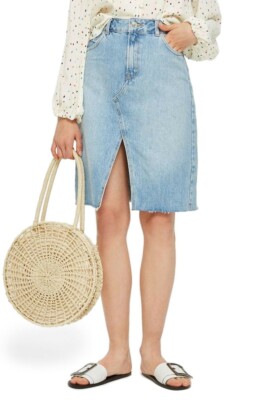 Topshop Denim Midi Skirt Straight Light Wash Front Slit Pockets Raw Hem Sz 