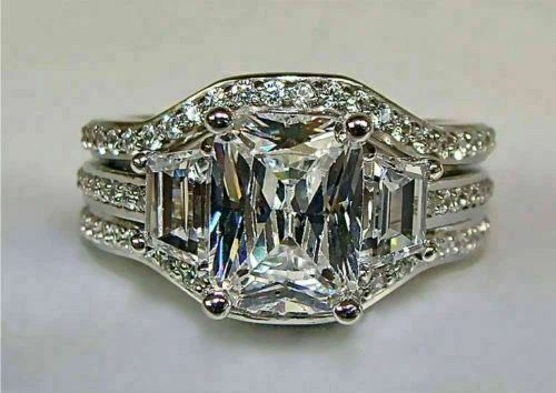 3Ct Radiant Cut Lab Created Diamond Engagement Trio Ring Set 14K White Gold Over - Image 2 of 4