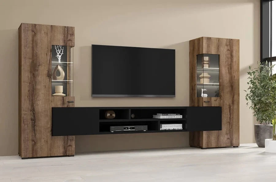 Brown Oak Living Room Furniture Set Entertainment Unit TV Stand Cabinet w LED