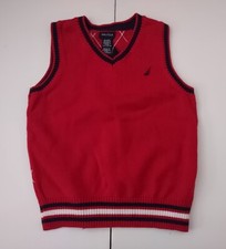 S 5 Boys Nautica Sleeveless V-Neck Knit Sweater Vest Red Argyle Cotton EUC