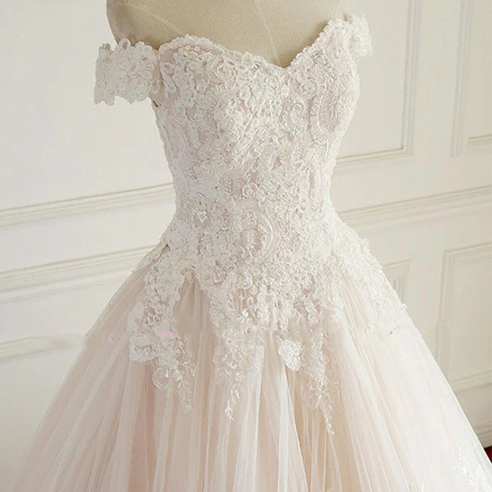 Blush Pink Off Shoulder Wedding Dresses Lace Appliques Bridal Gowns Sweep Train - Image 4 of 4