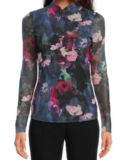 TED BAKER KALYANN MESH TOP LONG SLEEVE MOCK NECK FLORAL BLACK & MULTI TED SIZE 0