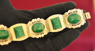 Vintage Taxco Sterling Silver Bracelet 7'' 50g   Green Onyx Panels  Signed Mexico