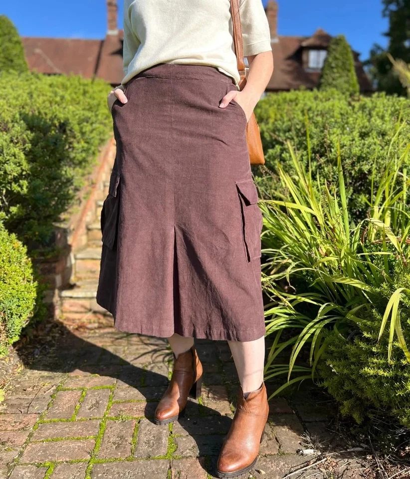 Mistral Midi Skirt Womens Chocolate Brown CordCotton Cargo Pockets A-Line - Image 4 of 4