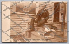 Antique RPPC General Store Steps Man Feeds Rooster Cats Real Photo Postcard 