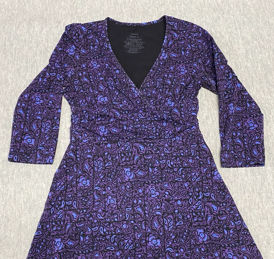 Patagonia Dress Women Small Margot Organic Cotton 3/4 Sleeve Purple Floral Black - Image 2 of 4