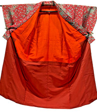 Silk Tsumugi Kimono Red XS 51in Plum Fabric Remake Material Japanese Vintage Art