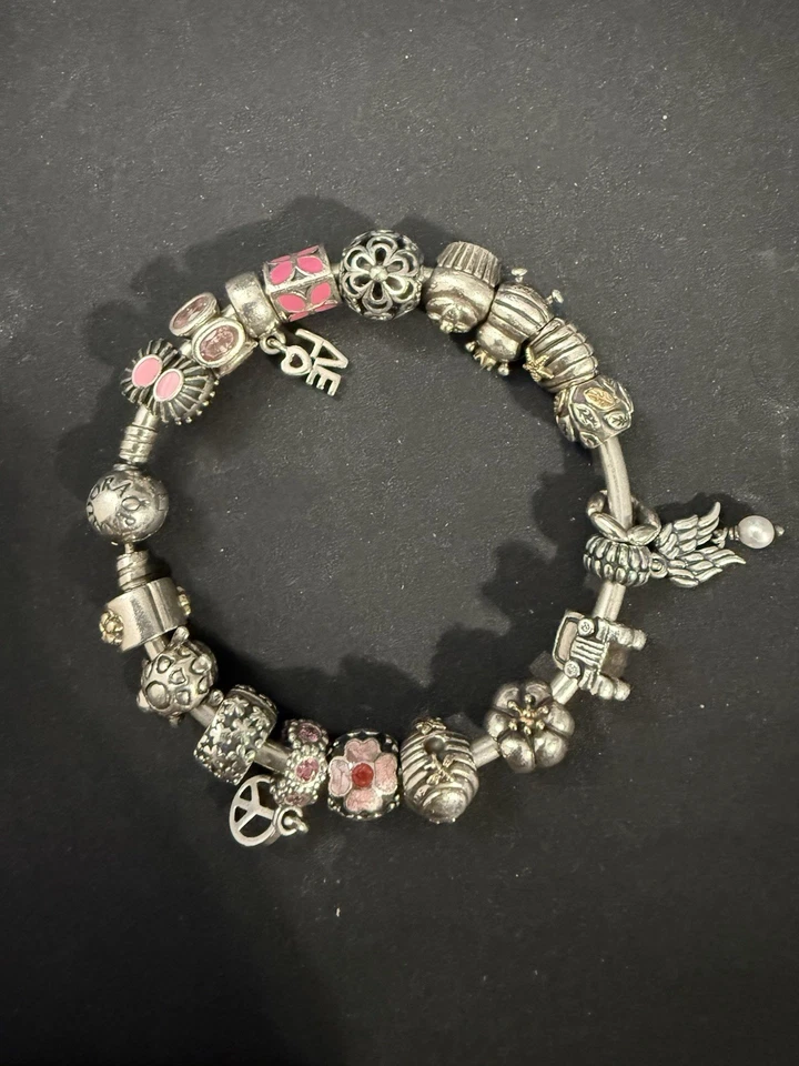 PULSERA PANDORA PLATA ESTERLINA S925 CON 19 DIJES AUTÉNTICOS 7,5 Foto 3 de 3