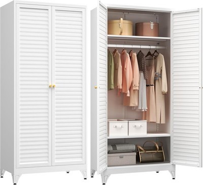 Metal Armoire Wardrobe Closet W/ Doors 71'' Tall White Wardrobe Cabinet