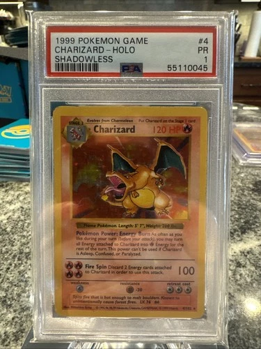 1999 POKEMON BASE SET SHADOWLESS #4 CHARIZARD HOLO PSA 1