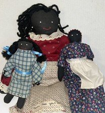 Vintage Folk Art Black Cloth Rag Dolls Lot of 3 Primitive Prairie Style OOAK