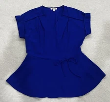 Monteau Los Angeles Shirt Top Women Size XL Blue Short Sleeve V-Neck