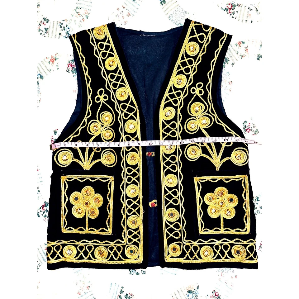 CHALECO AFGANO HIPPIE BORDADO DORADO TERCIOPELO NEGRO AÑOS 70 VINTAGE ABRIGO CINTURA Foto 3 de 4