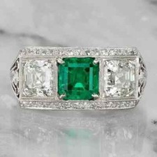 Vintage Art Deco Style Filigree 4.5Ct Lab Created Emerald 14K White Gold FN Ring