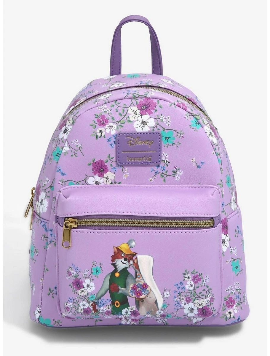 Loungefly Disney Robin Hood Kisses Floral Mini Backpack Bag purple