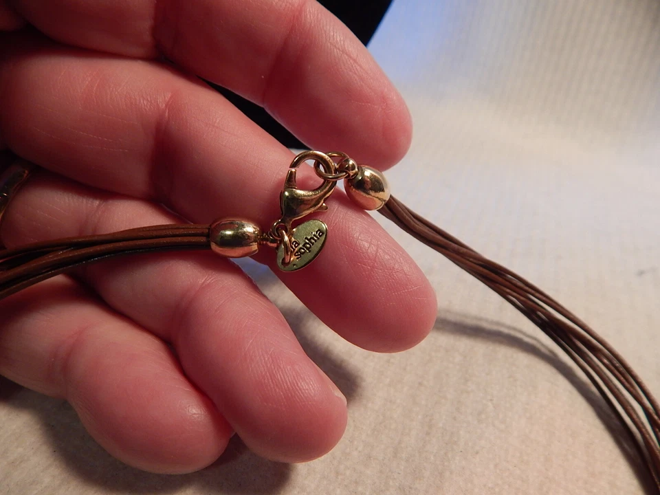 LIA SOPHIA LEATHER STRAND CHOKER NECKLACE AMBER PENDANT DROP GOLD TONE CLASP - Image 4 of 4